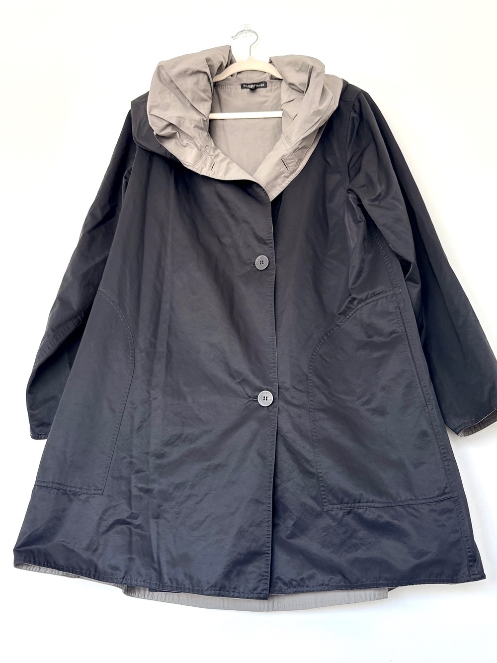 Eileen Fisher Organic Cotton Hooded Black Coat with Reversible Pewter Colour